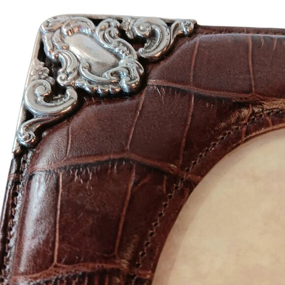 Vintage Brighton Brown Croc Leather & Silvertone Scroll Corners Picture Frame - Picture 9 of 16